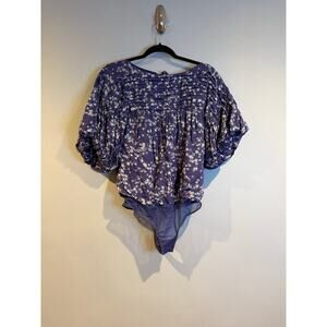 Free People Purple Floral Ruched Bodysuit Top XS